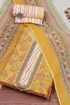 Yellow Cotton Screen Print Unstitched Suit Set image number 0