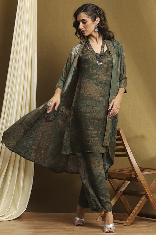Olive Green Hand-Block Printed Straight Co-ord Set image number 0