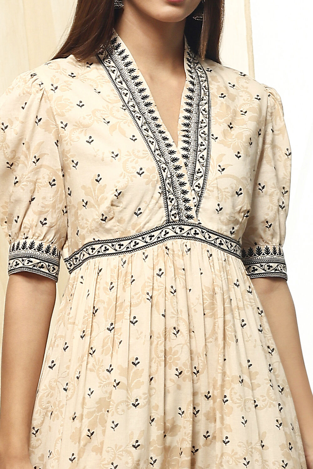 Off-White and Black Cotton Printed Tiered Dress image number 1