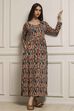 Beige & Brown Cotton Blend Flared Printed Dress