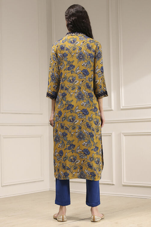 Mustard Yellow Printed Straight Kurta image number 3