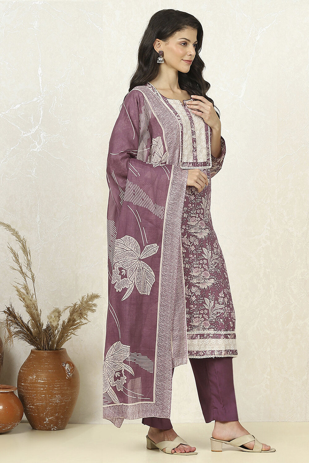 Purple Cotton Floral Printed Unstitched Suit Set image number 6