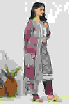 Purple Cotton Floral Printed Unstitched Suit Set image number 6