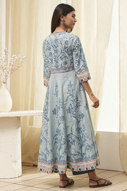 Dull Blue Cotton Floral Anarkali Suit Set image number 4