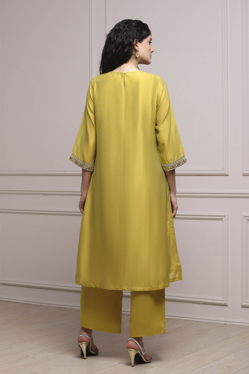 Lime Green Chanderi Straight Dyed Suit Set image number 4