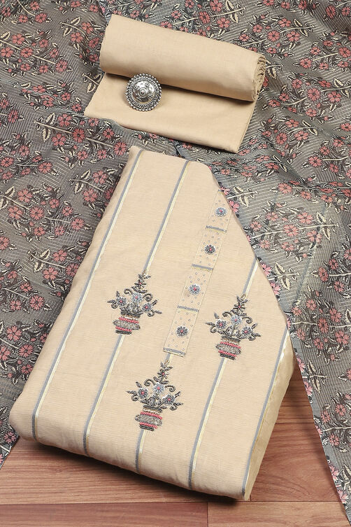 Beige Chanderi Unstitched Suit Set image number 0