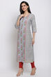 Grey Cotton Straight Printed Kurta image number 2