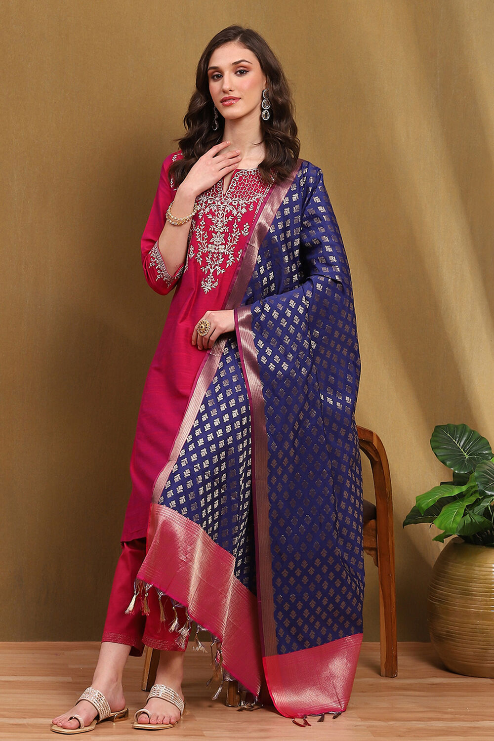 Magenta Floral Embroidered Festive Straight Suit Set image number 0