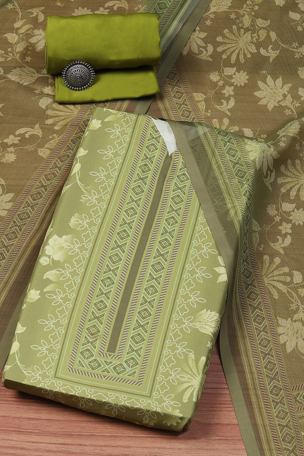 Olive Green Silk Blend Digital Print Unstitched Suit Set image number 0