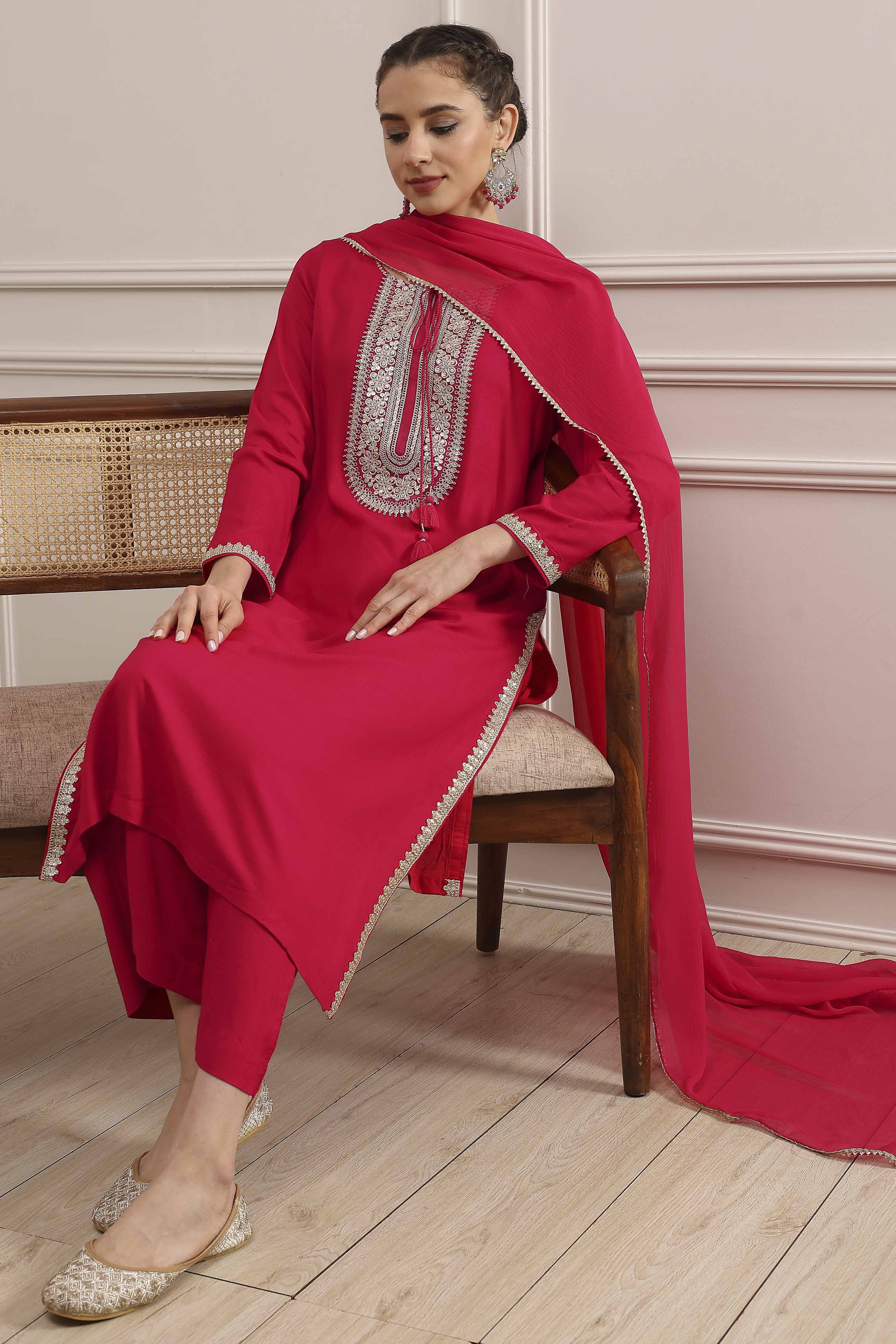 Fuchsia Solid Straight Suit Set image number 0