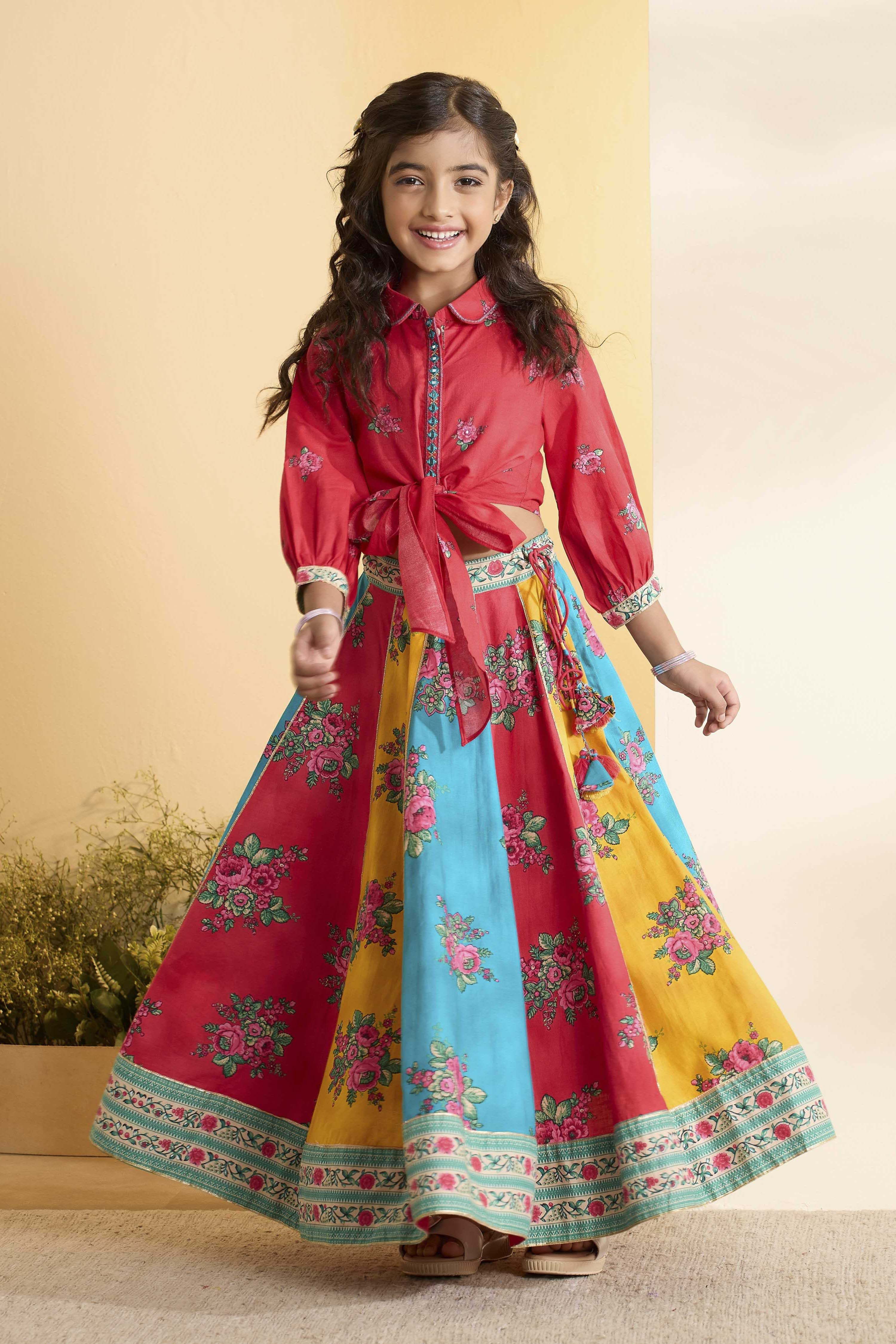 Red Cotton Printed Flared Lehenga Set image number 0