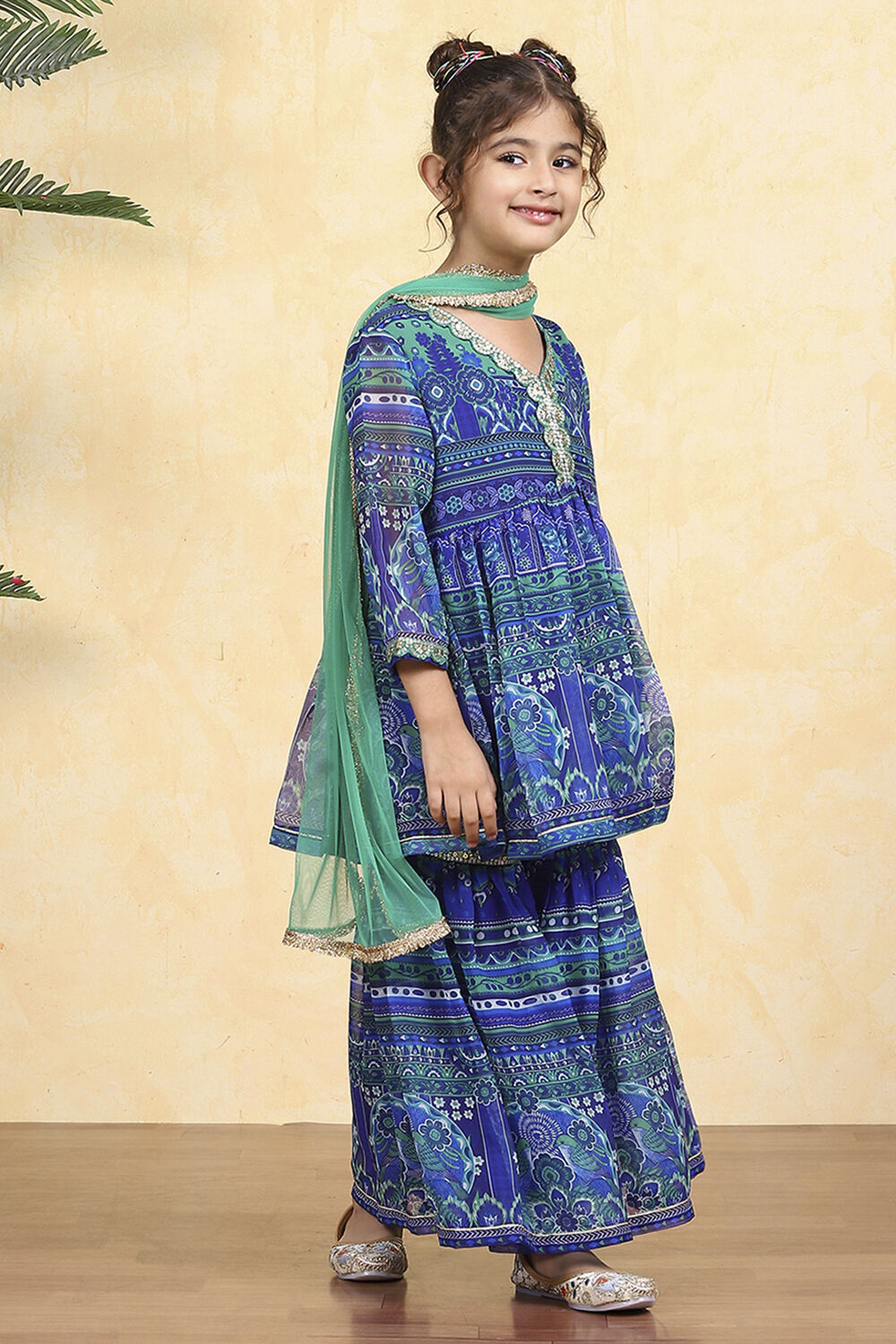 Blue Polyester Printed Gathered Sharara Suit Set image number 5