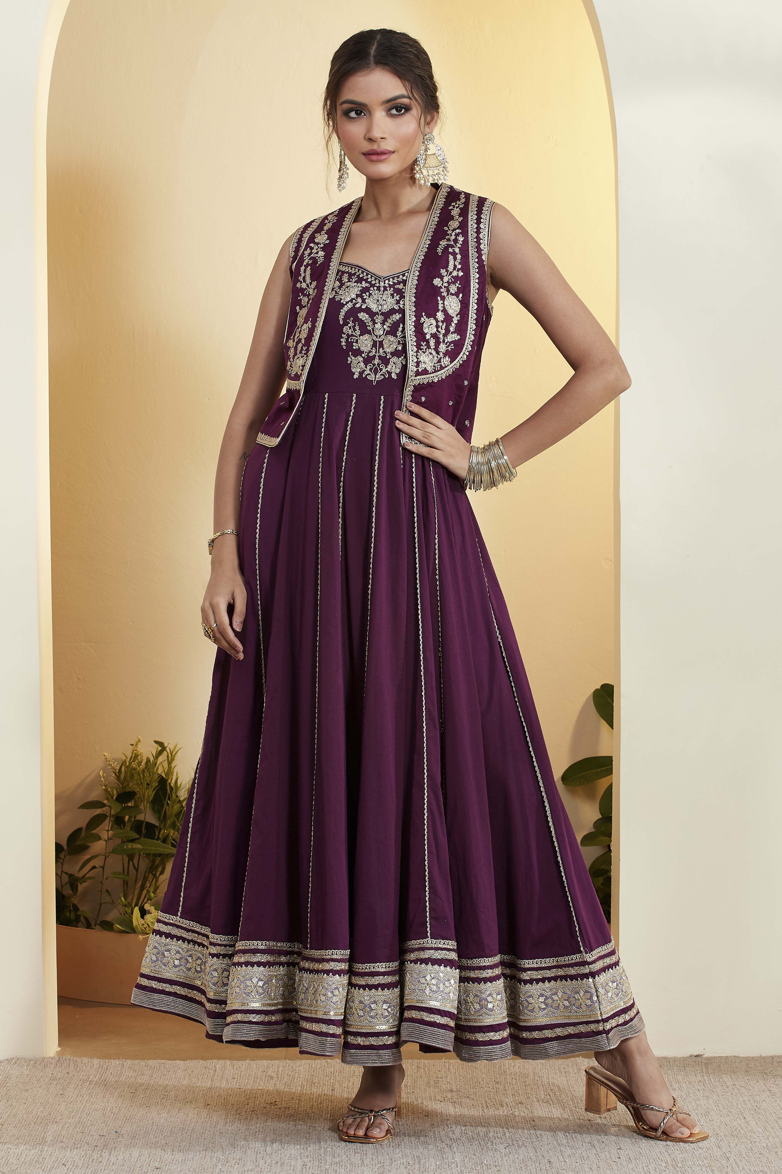 Purple Cotton Silk Kalidar Dress image number 6