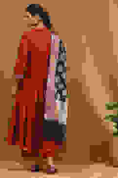 Rust Embroidered Angrakha Festive Anarkali Suit Set image number 8