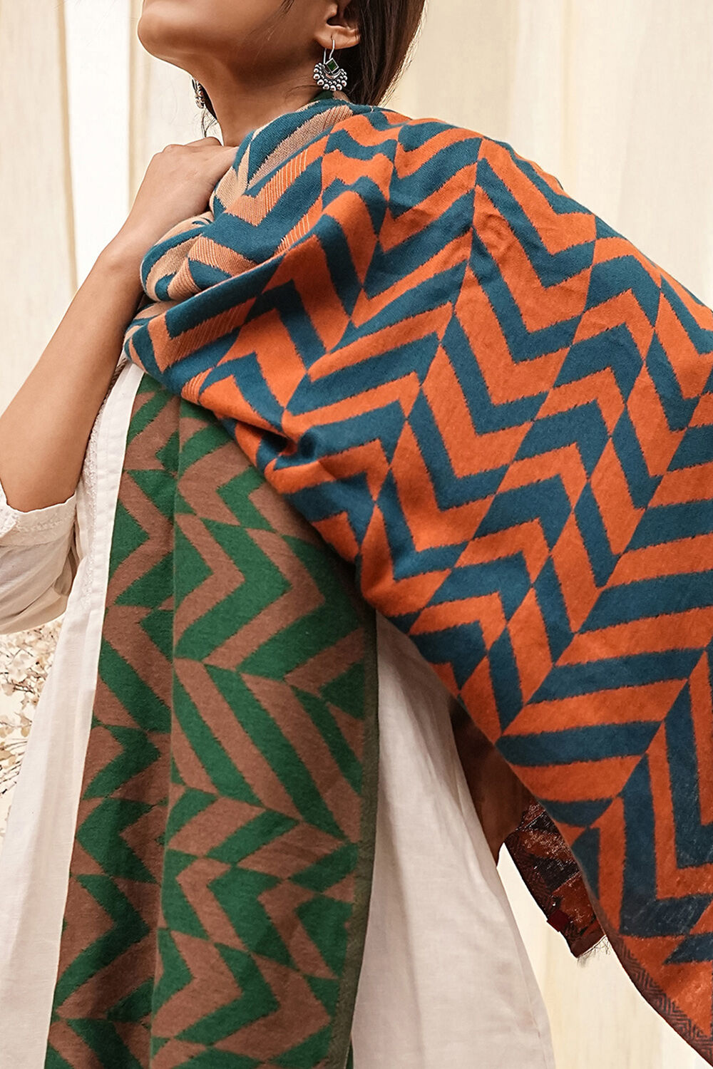 Navy & Orange Cotton Blend Dupatta image number 1