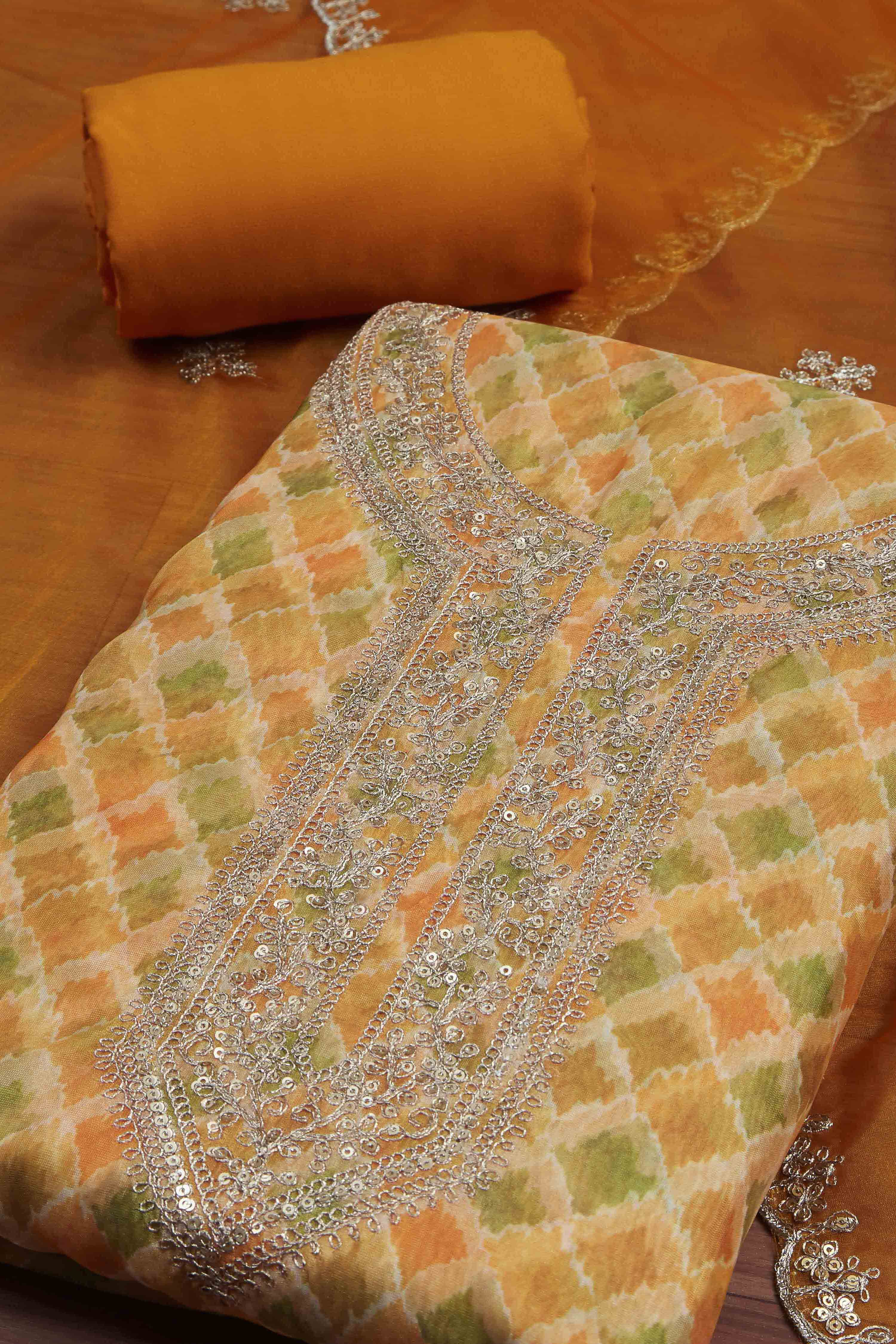 Yellow Organza Rajasthani Print Unstitched Suit Set image number 1