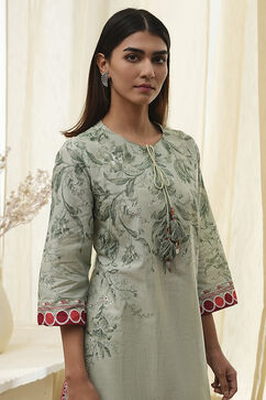 Green Cotton Floral Straight Kurta image number 1