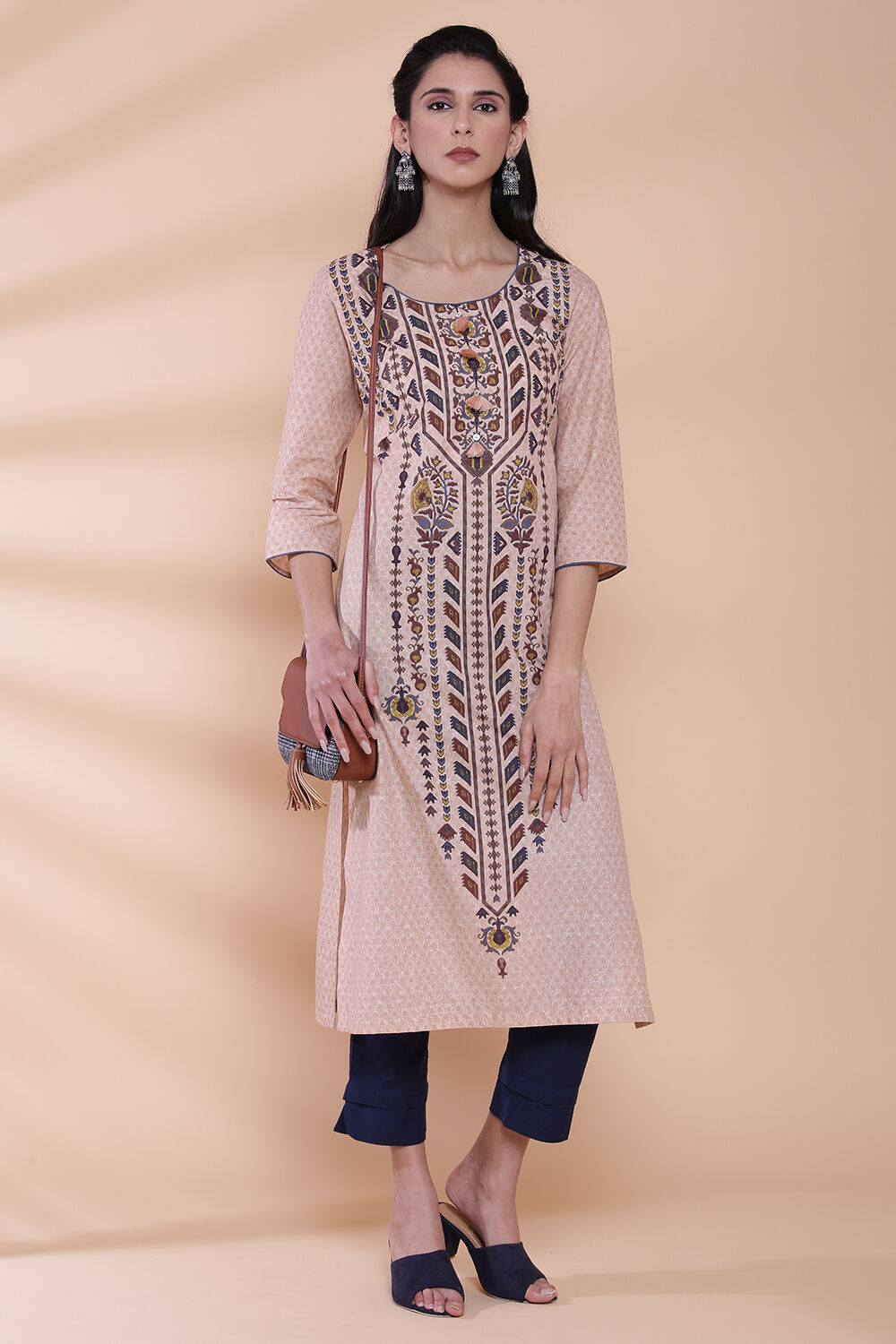 Peach Cotton Straight Kurta image number 4