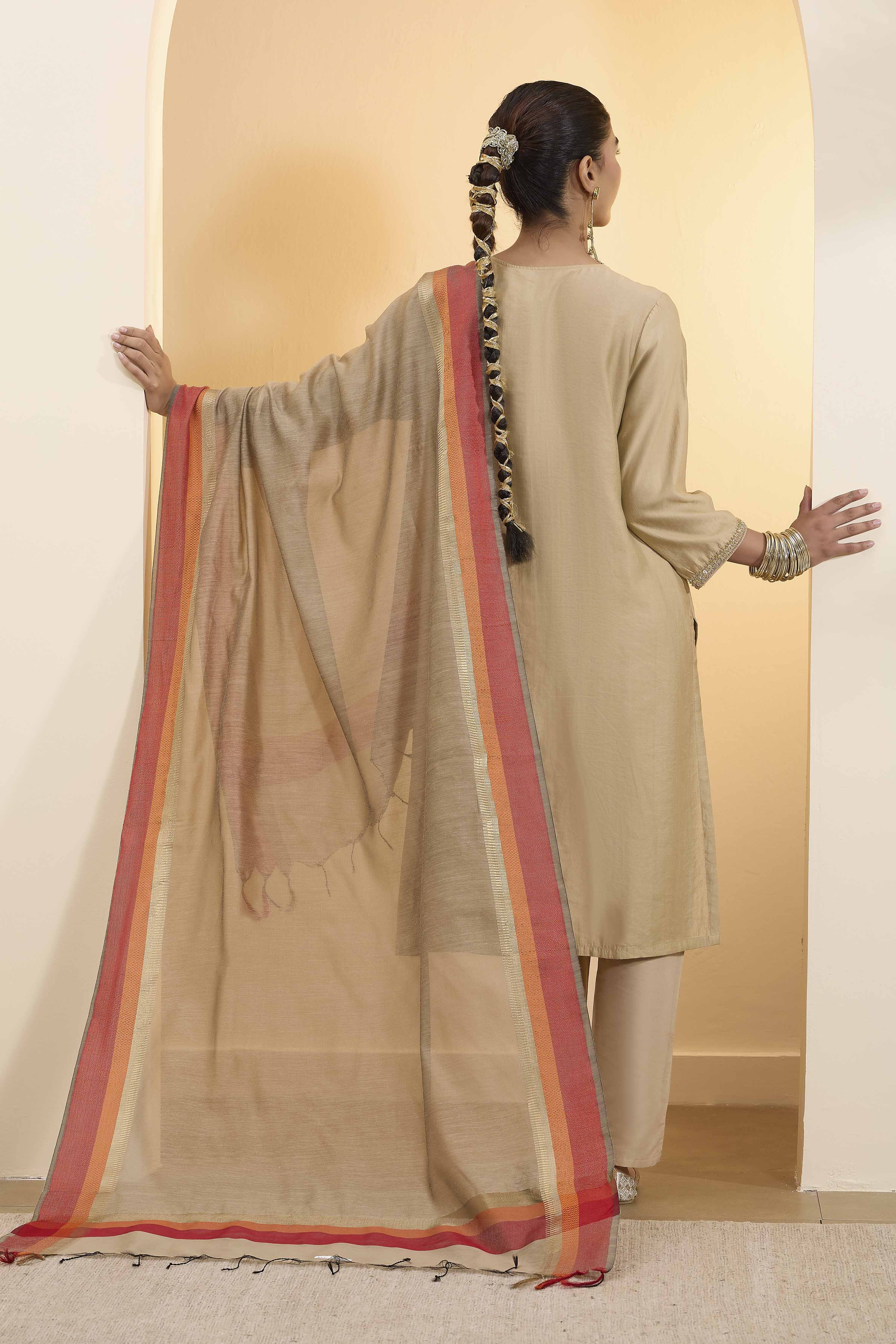 Dark Gold Poly Loom Side Striped Dupatta image number 2