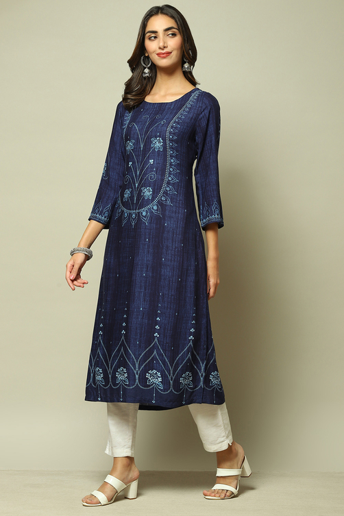Indigo LIVA Straight Printed Kurta image number 3