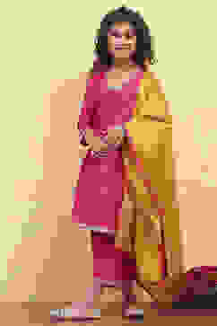 Pink Polyester Yarndyed Gathered Suit Set image number 6