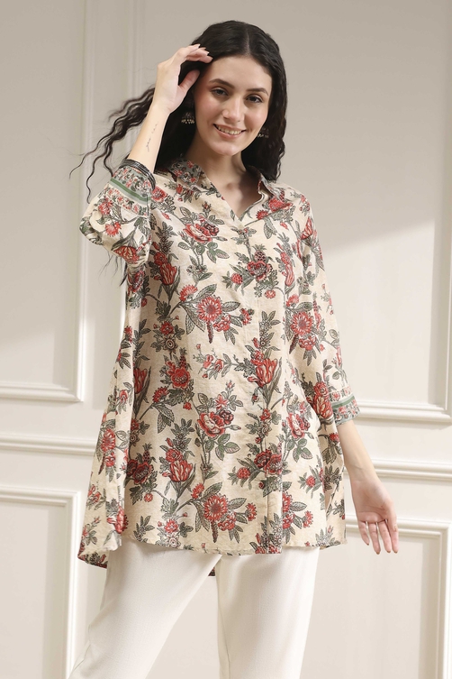 Off-White and Red Cotton A-Line Shirt image number 5