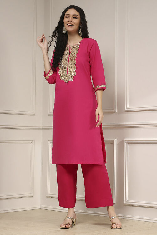 Fuchsia Cotton Straight Solid Kurta image number 6