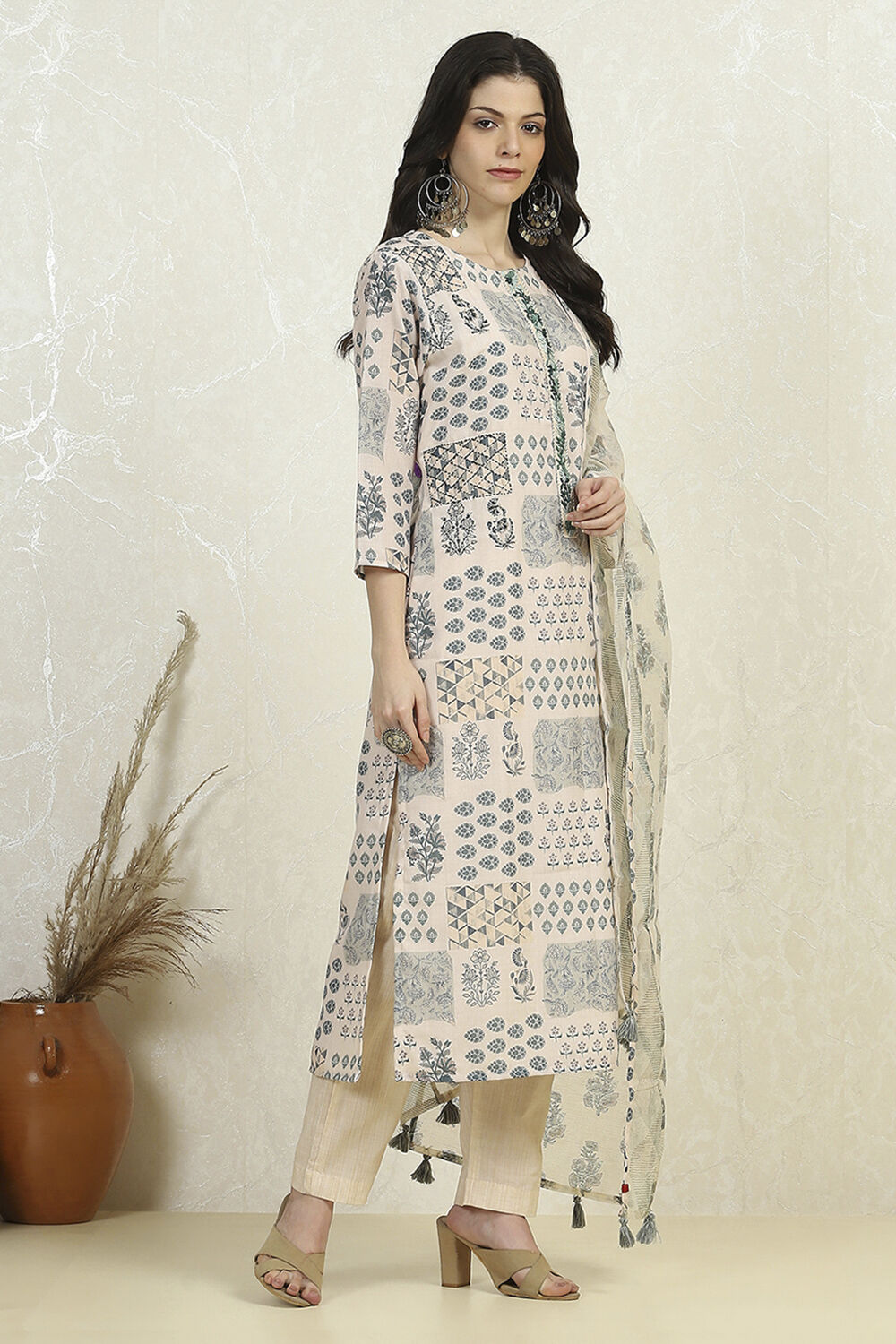 White Blue Cotton Digital Print Unstitched Suit Set image number 6