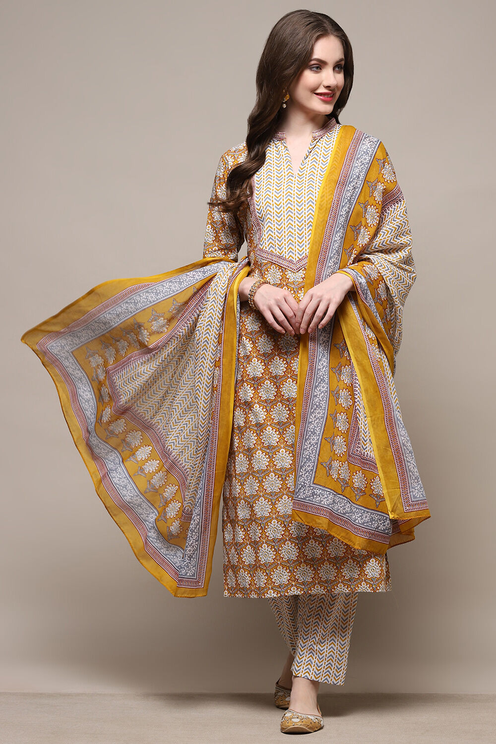 Blue Cotton Screen Printed Unstitched Suit Set image number 1