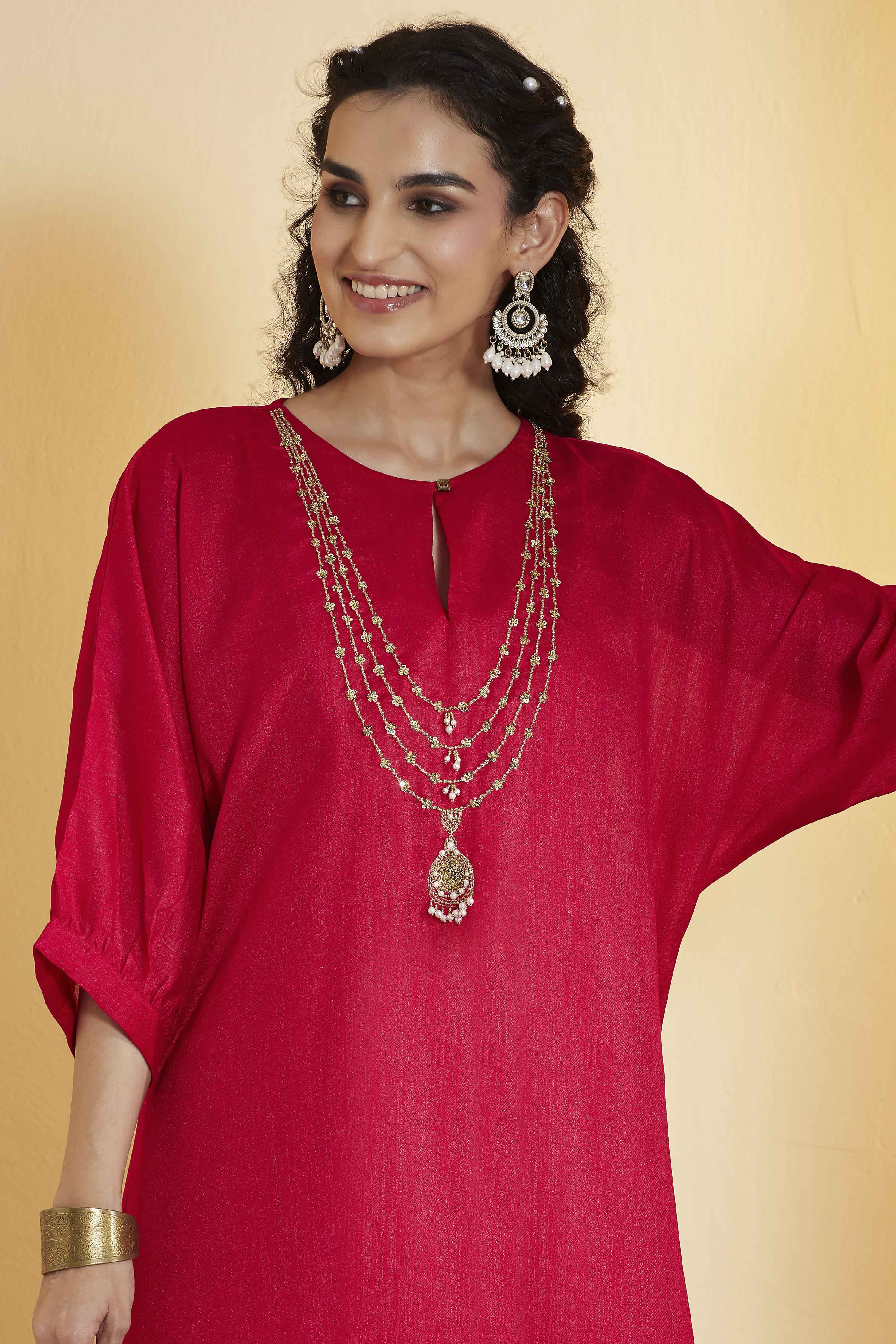 Red Polyester Straight Kurta image number 1