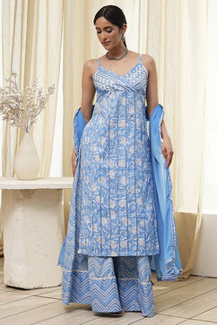 Blue Cotton Floral Strappy Straight Suit Set image number 6