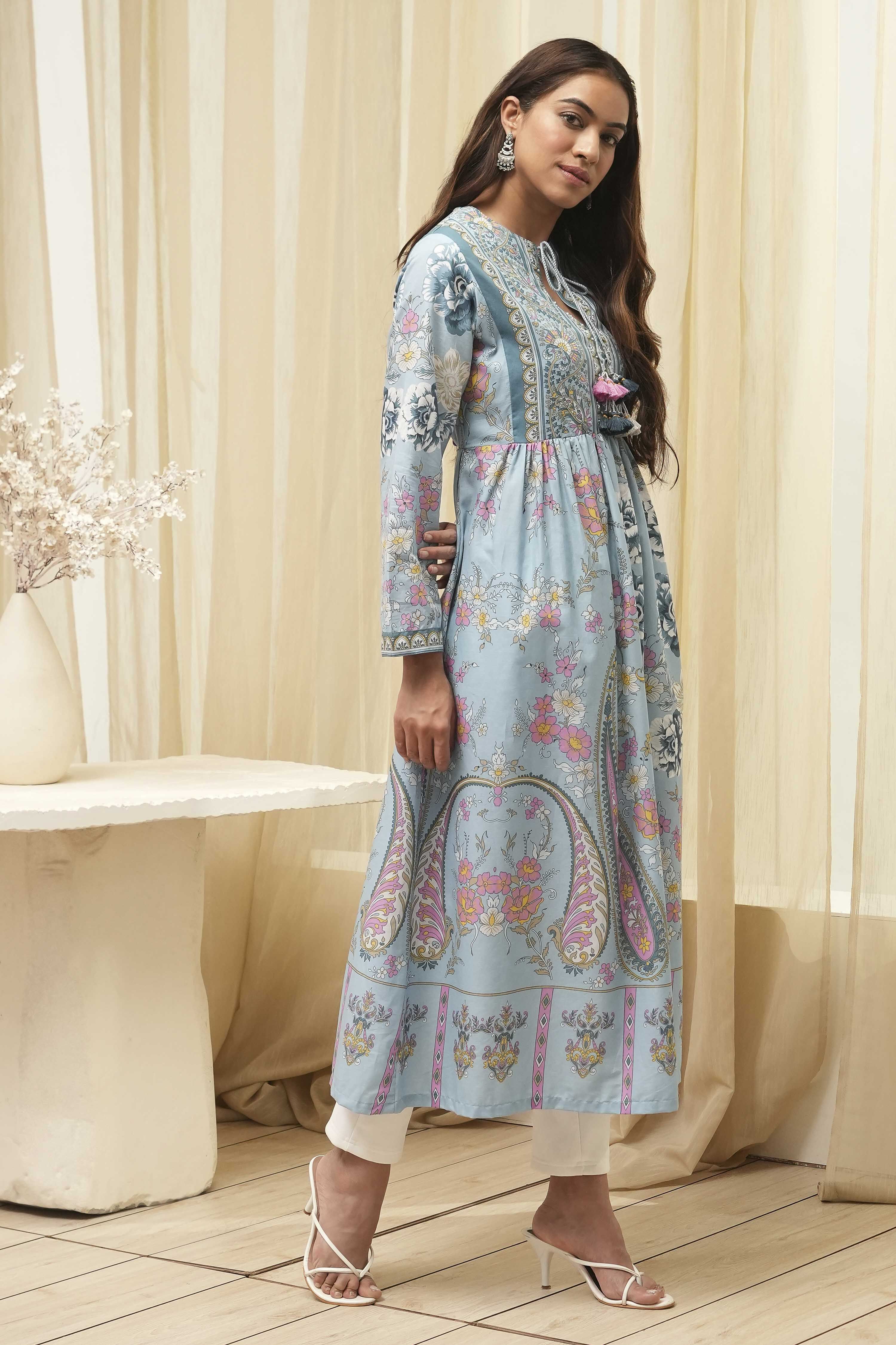 Dull Blue Cotton Printed Flared Kurta image number 5