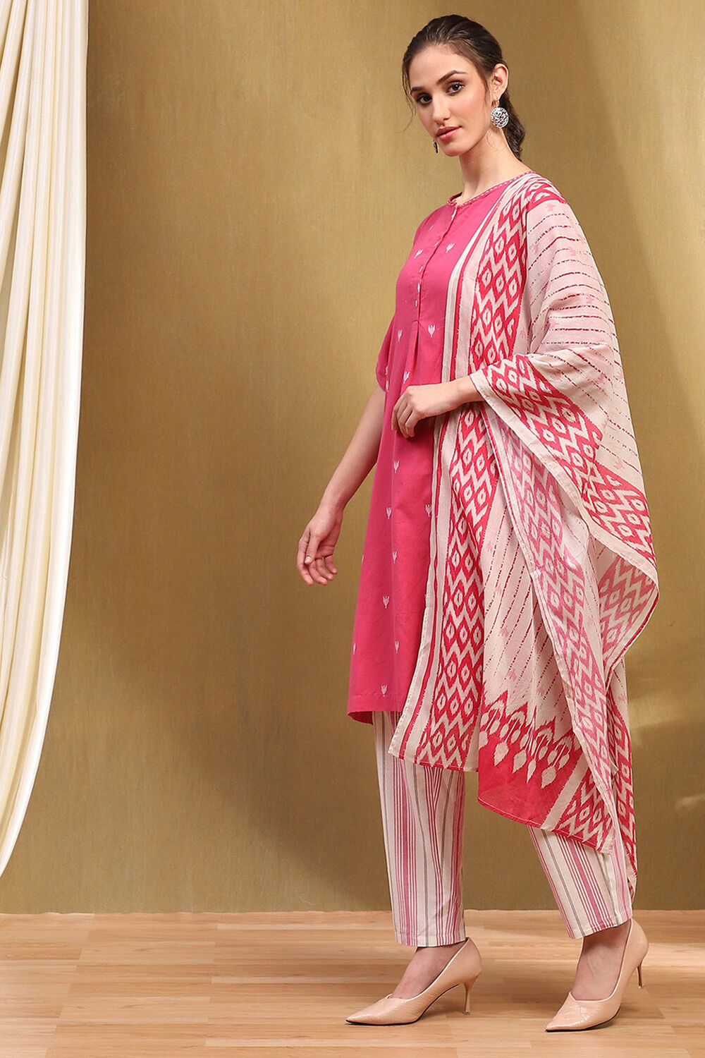 Orange Cotton Printed Straight Suit Set image number 3