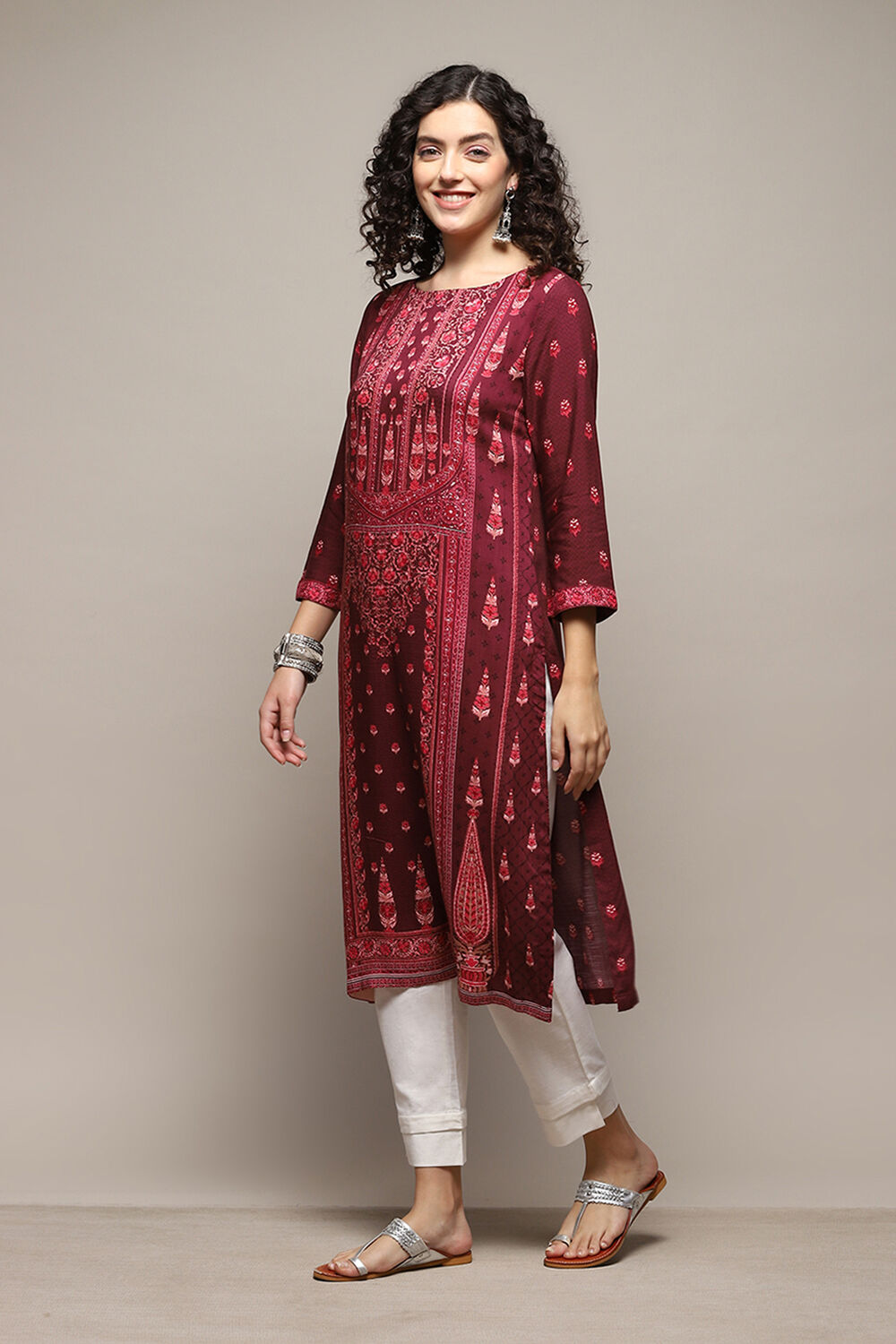 Teal LIVA Straight Printed Kurta image number 2