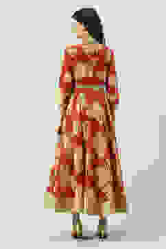 Wine Art Silk Flared Fusion Printed Dress image number 4