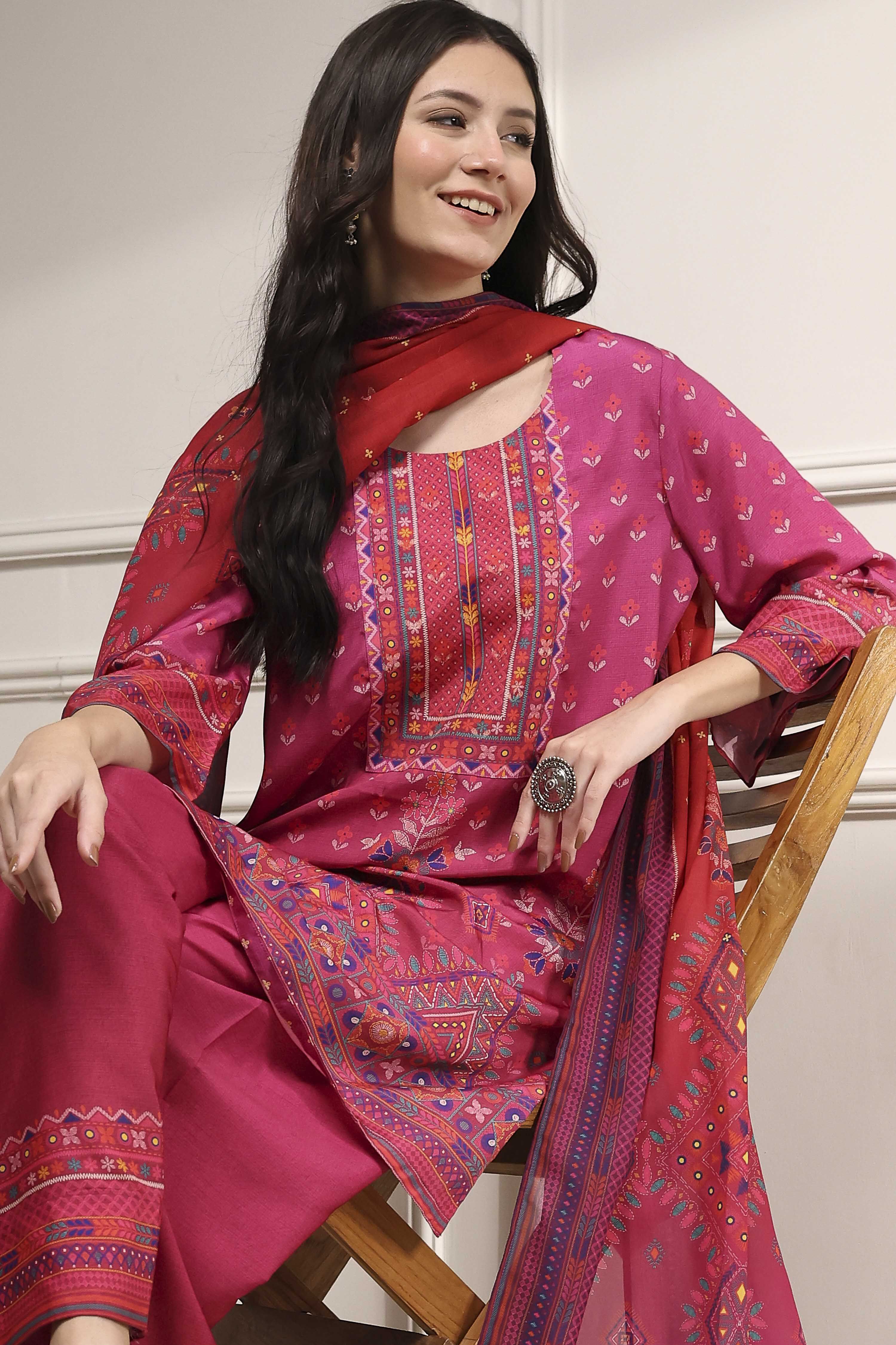 Pink Printed Straight Suit Set image number 8