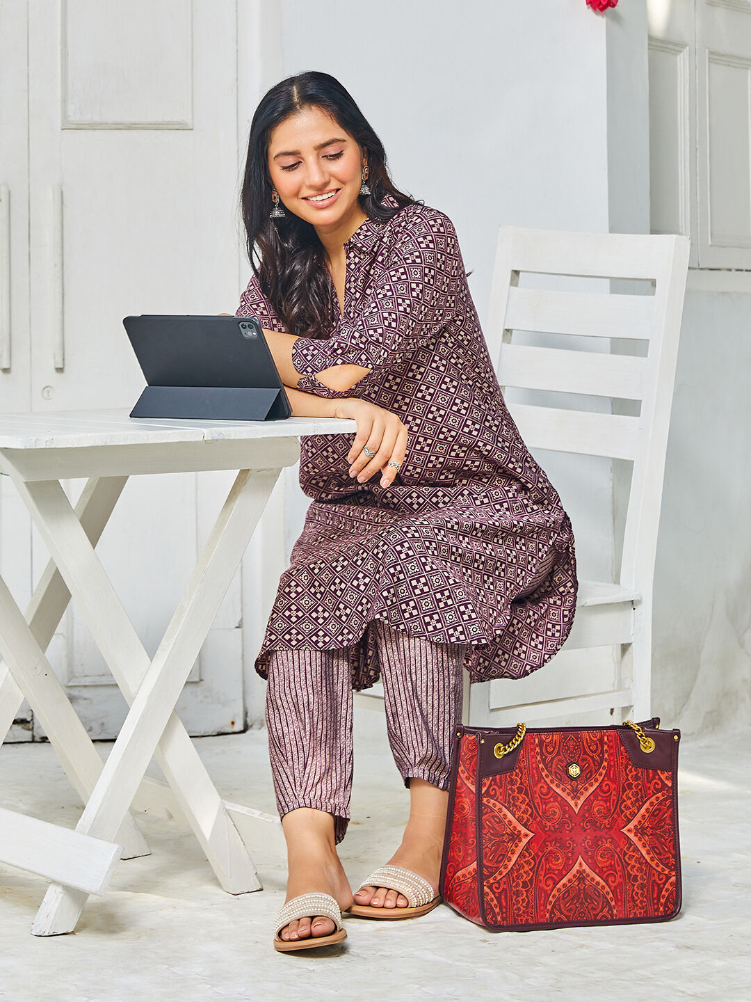 Pink & Purple Poly Viscose Straight Printed 2 Piece Set image number 0