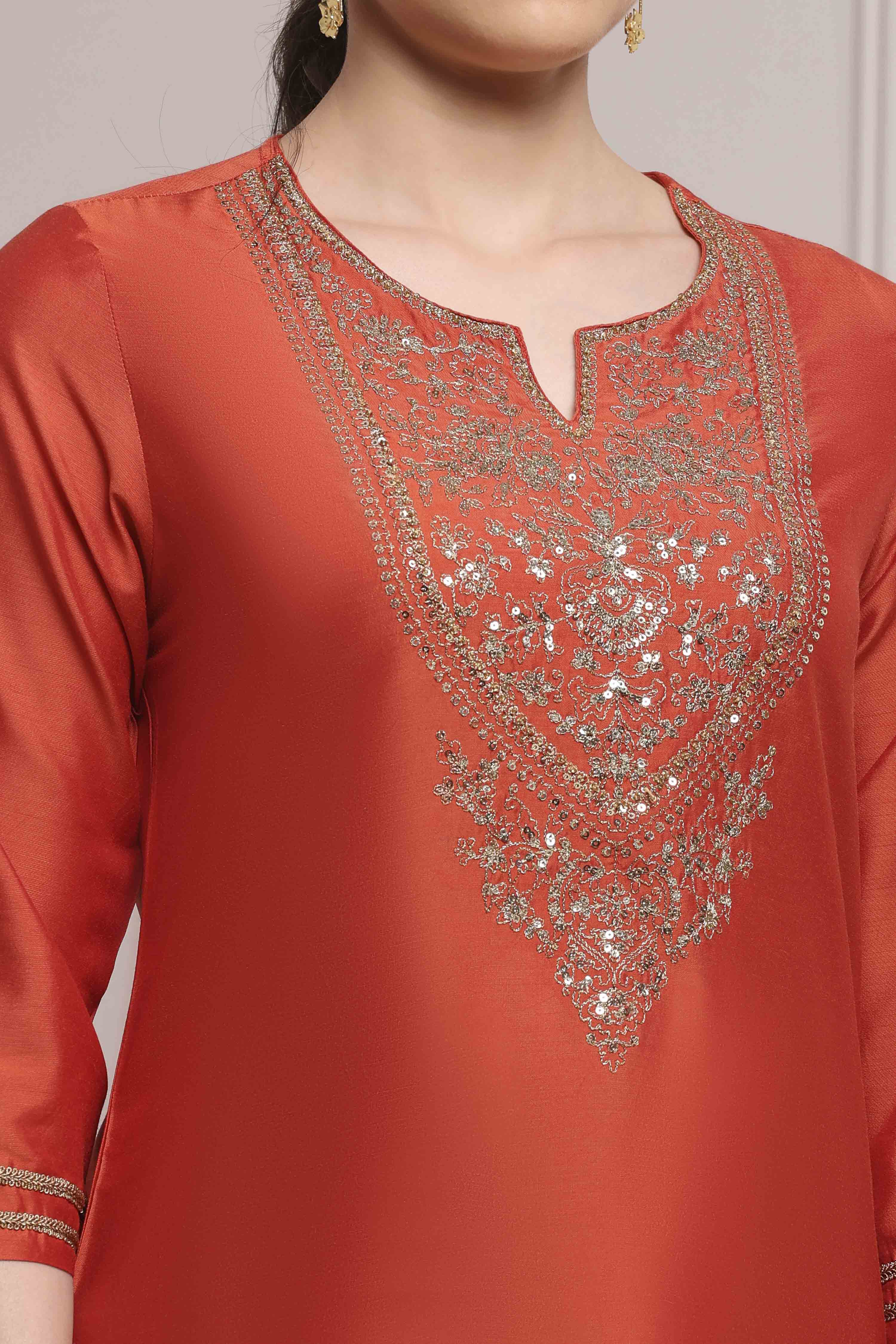 Burnt Orange Viscose Blend Solid Straight Kurta image number 1