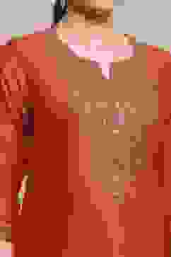 Burnt Orange Viscose Blend Solid Straight Kurta image number 1