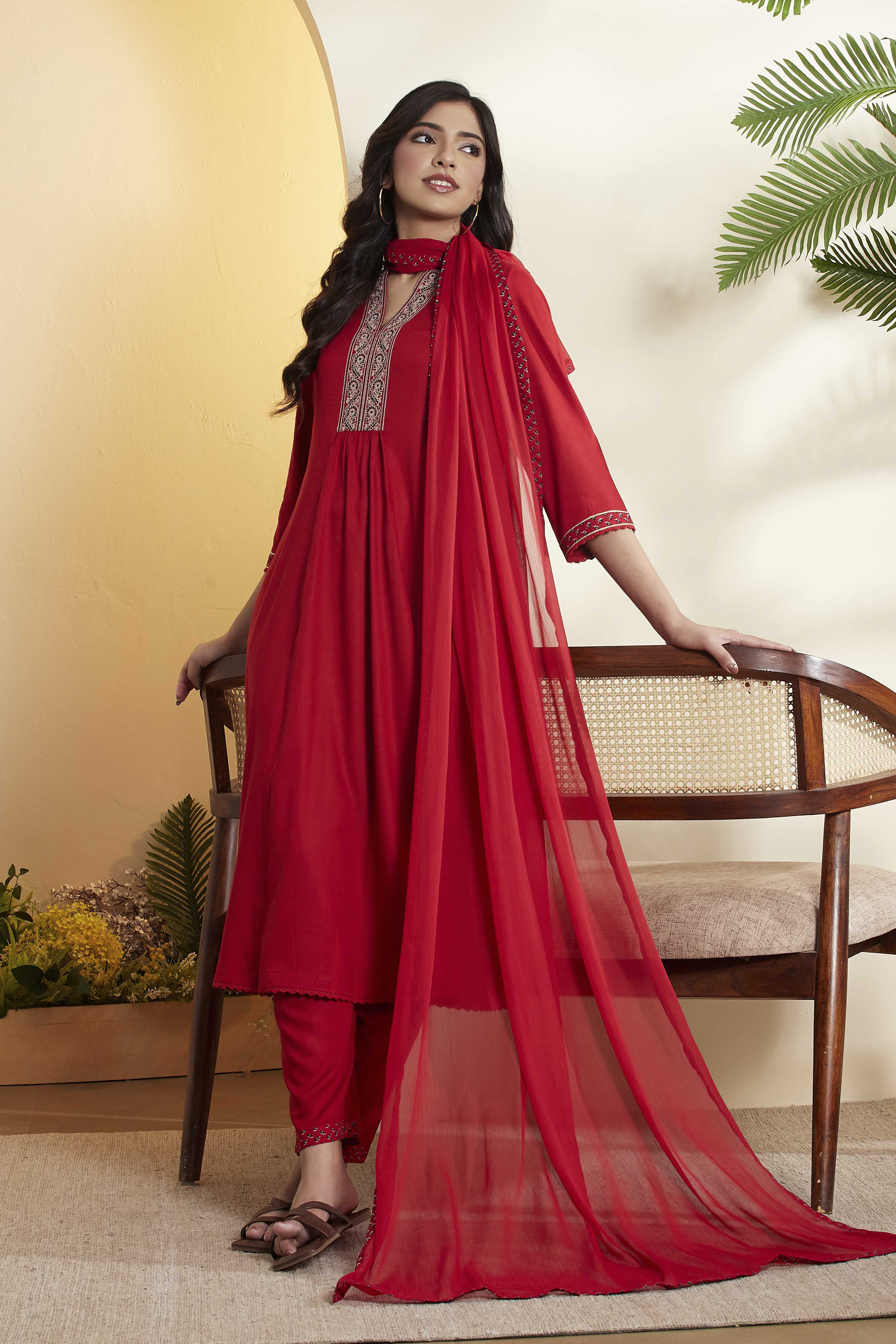 Red Viscose Rayon Straight Suit Set image number 0