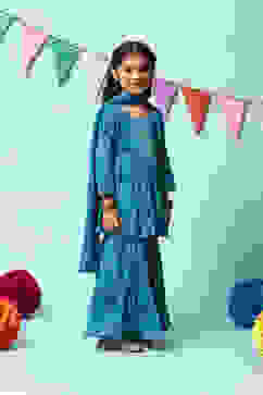 Teal Blue Cotton Flared Kurta Garara Suit Set image number 6