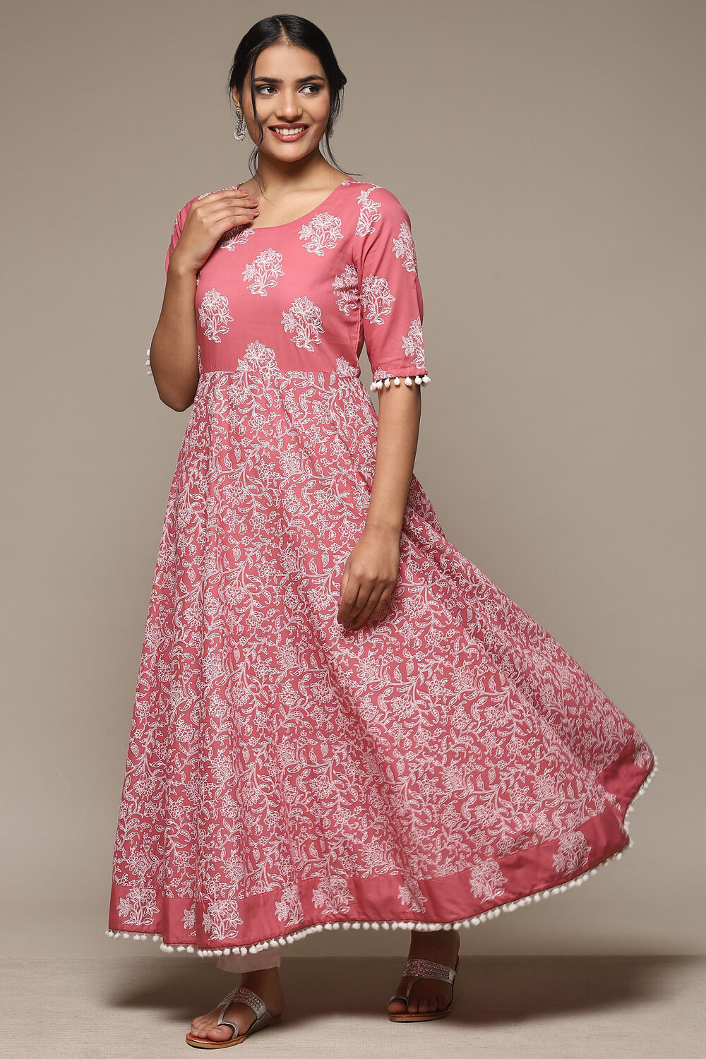 Onion Pink Cotton Flared Printed Kurta image number 0