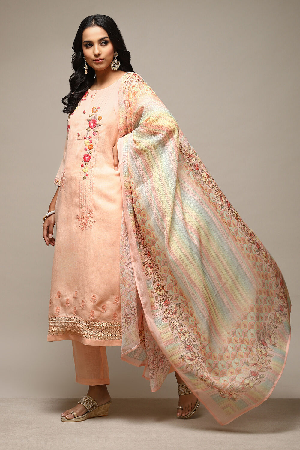 Peach Linen Machine Embroidered Unstitched Suit Set image number 9