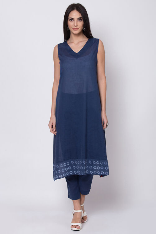 Blue Art Silk A-Line Kurta Slim Pant Suit Set image number 3
