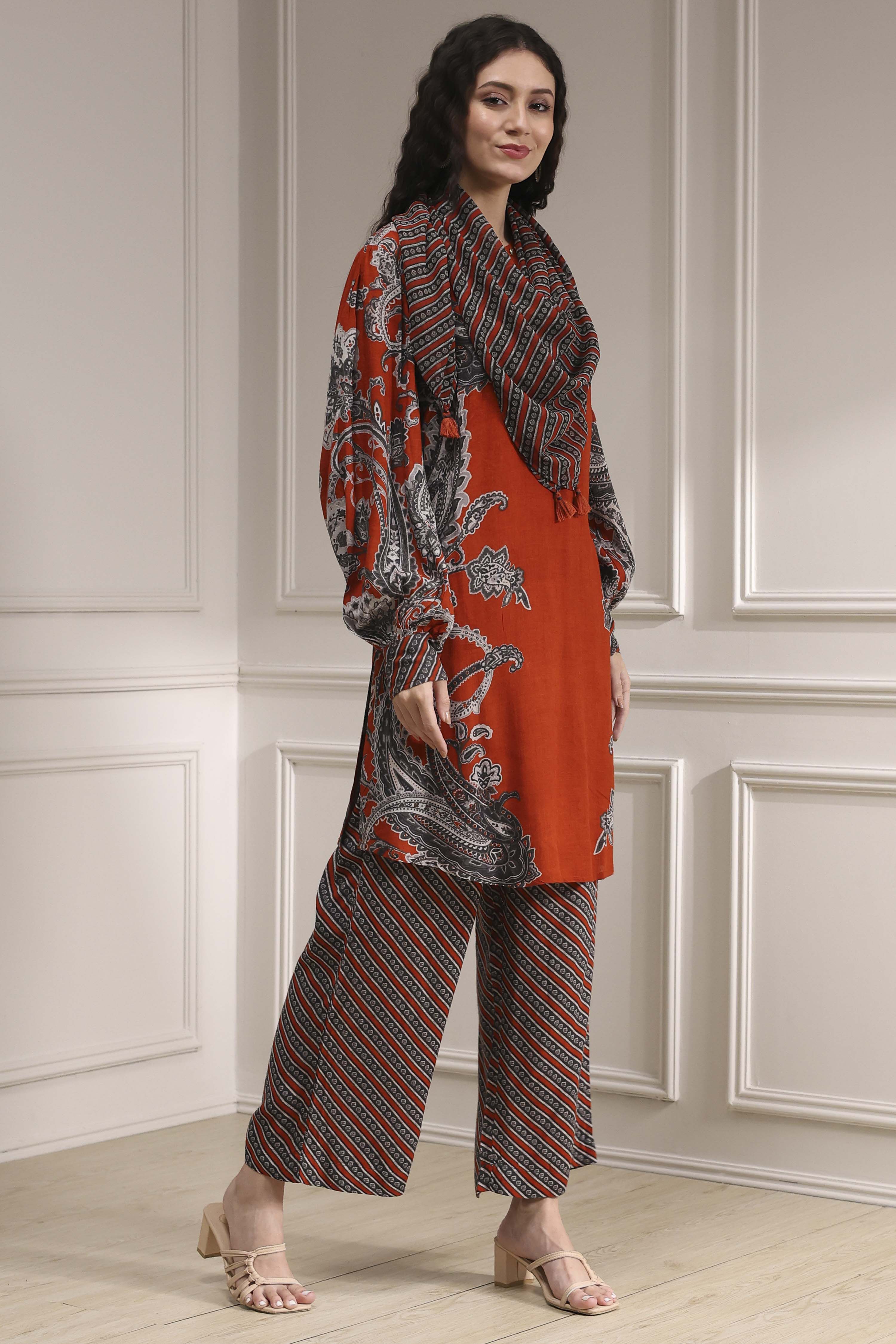 Orange Printed Straight Suit Set image number 5