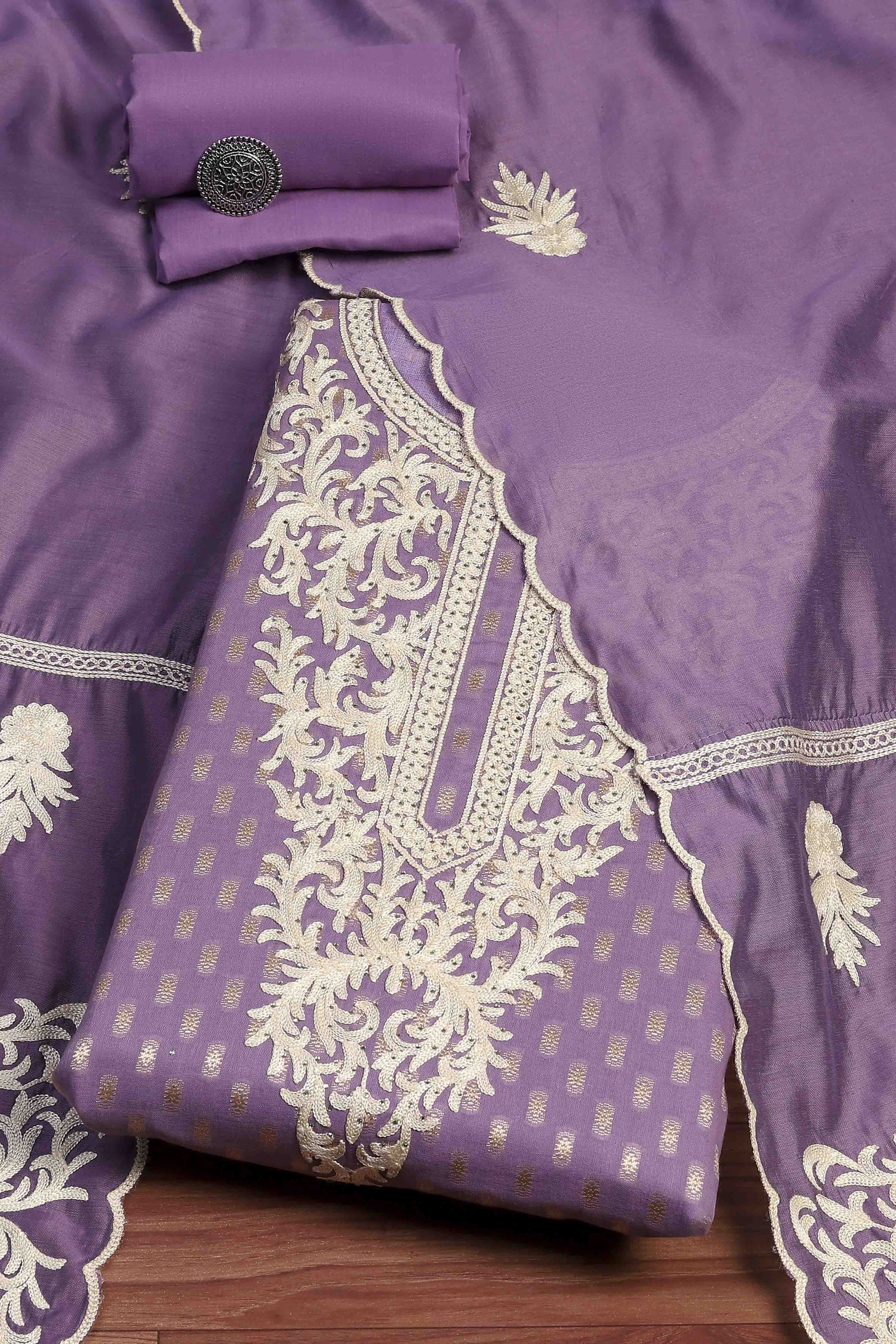 Peach Cotton Blend Thread Embroidered Unstitched Suit Set image number 0