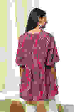 Magenta Cotton Printed A-Line Short Kurta image number 3