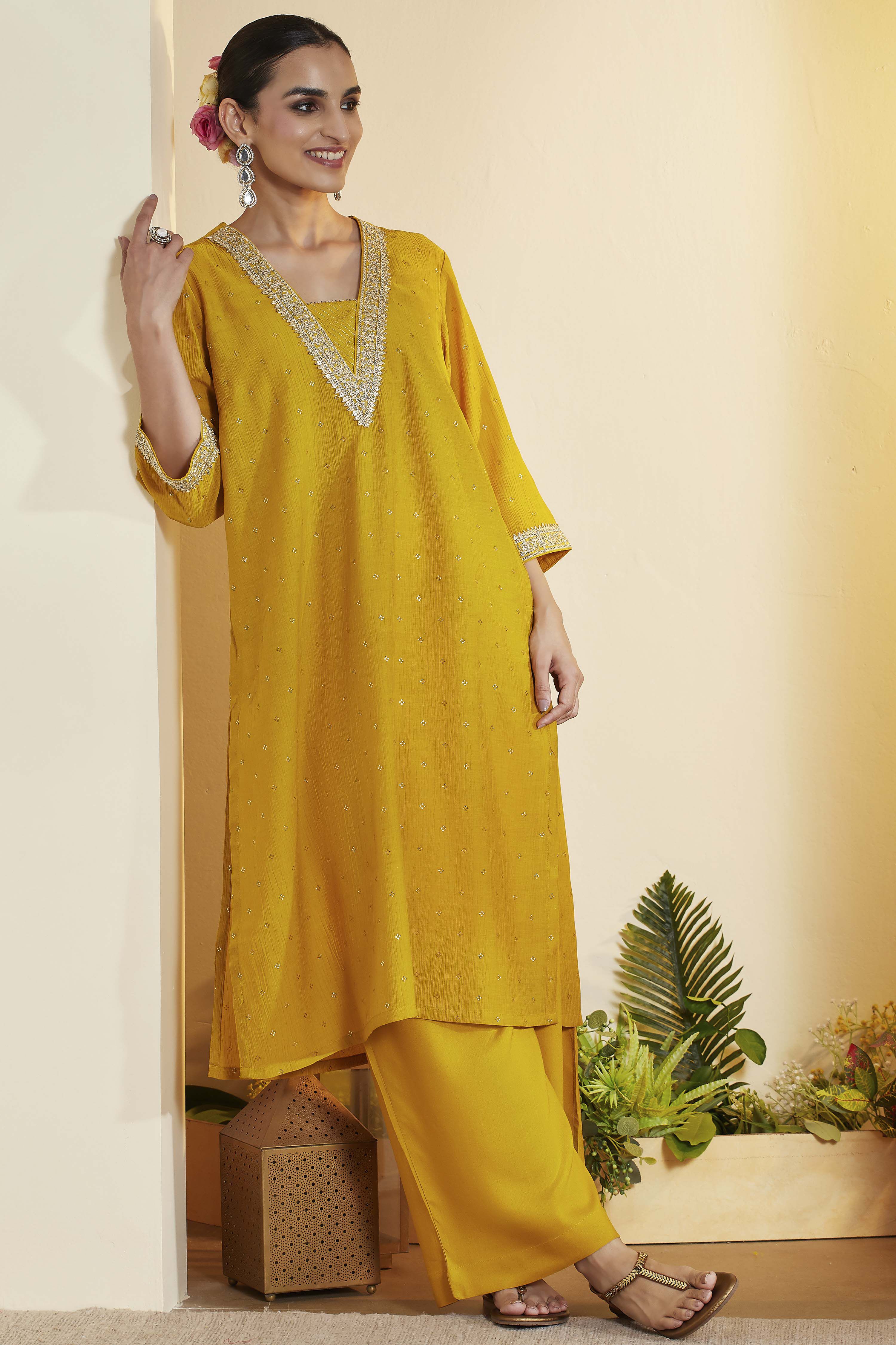 Yellow Viscose Blend Straight Suit Set image number 0