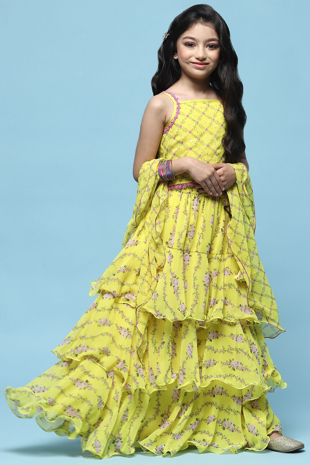 Lime Yellow Lehenga with Strappy Blouse & Cascade Dupatta image number 6