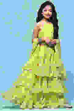 Lime Yellow Lehenga with Strappy Blouse & Cascade Dupatta image number 6